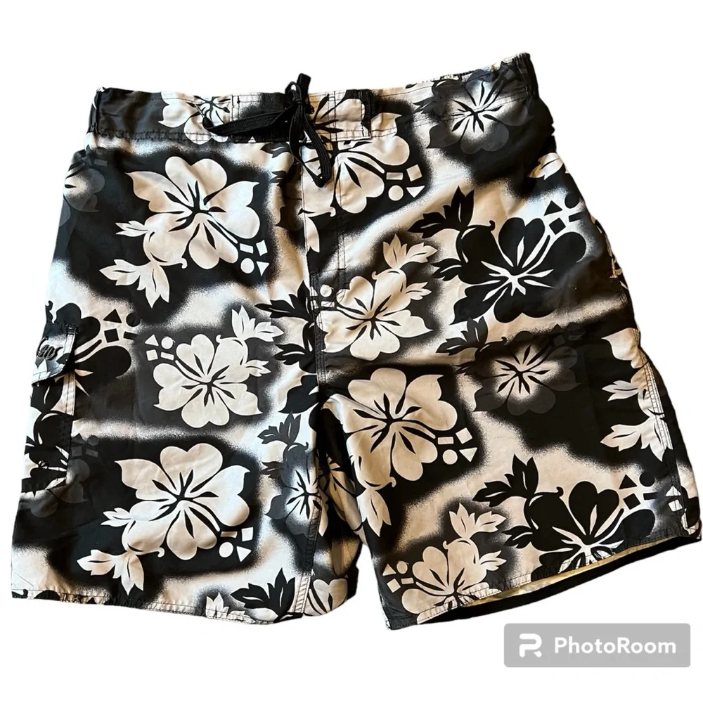 Maui And Sons Board Shorts Tropical Print Men's Large Black &‎ Gray Mesh Lined